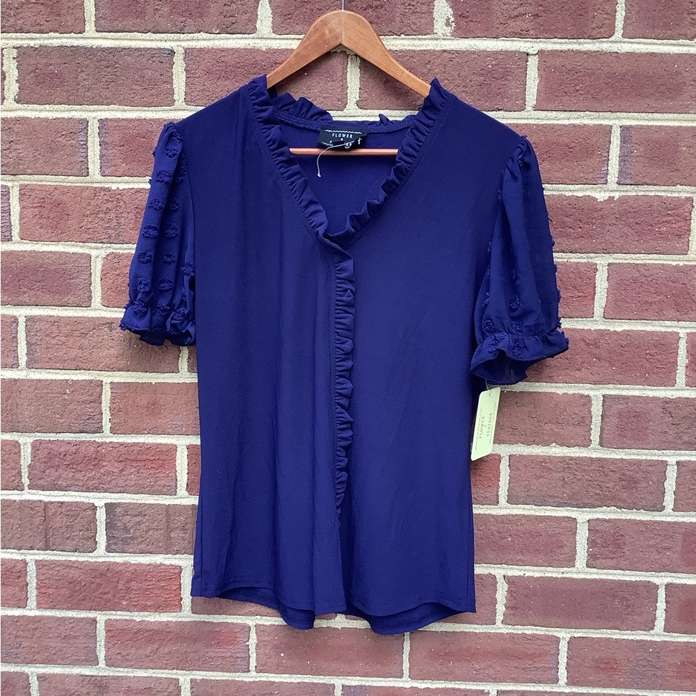 NWT Flower and Feather Navy Ruffle Swiss Dot Sleeve Blouse L